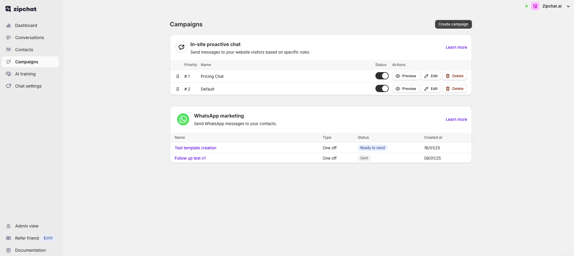 WhatsApp marketing and proactive chat campaigns inside Zipchat AI